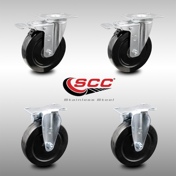 5 Inch SS Hard Rubber Wheel Swivel Top Plate Caster Lock Brake 2 Rigid SCC, 2PK